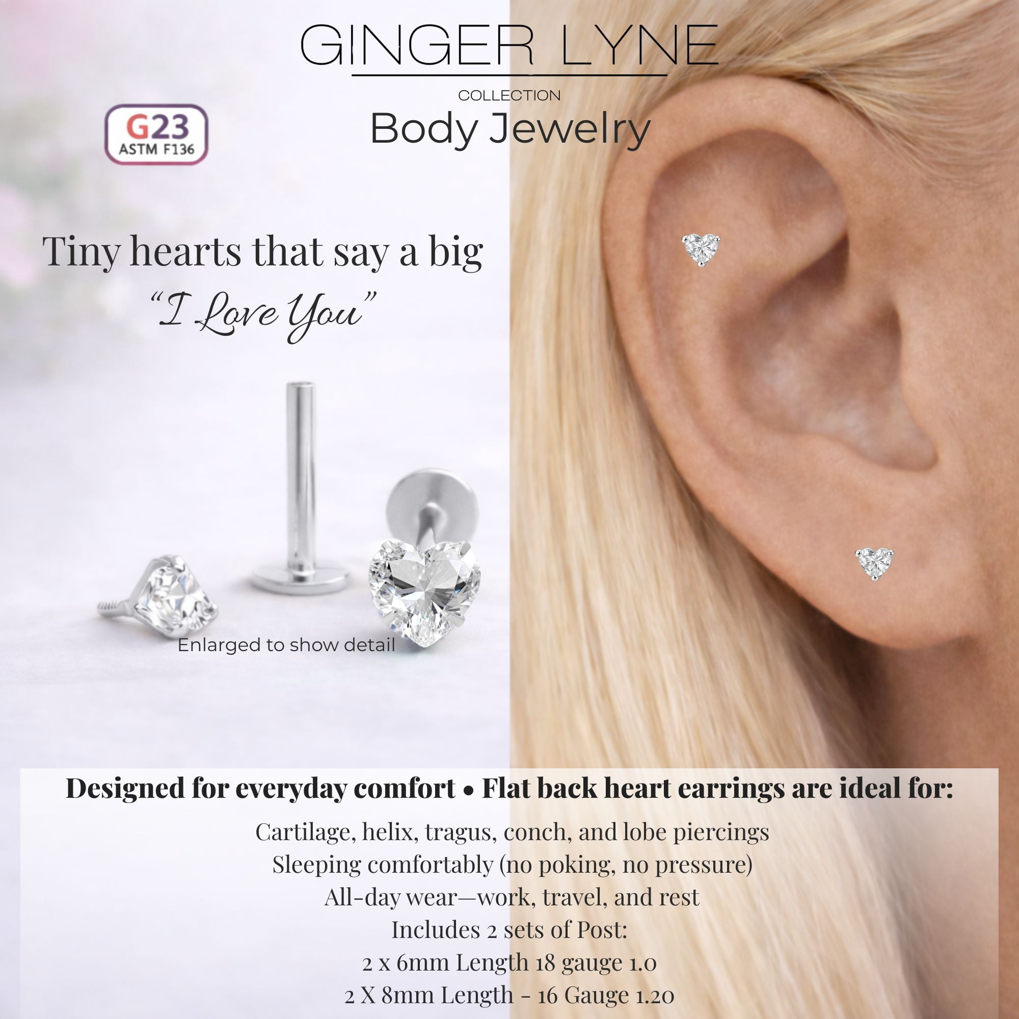 Small Heart CZ Solitaire Flat Back Stud Earrings Body Piercings by Ginger Lyne 2 Sets Post 6mm 8mm Included