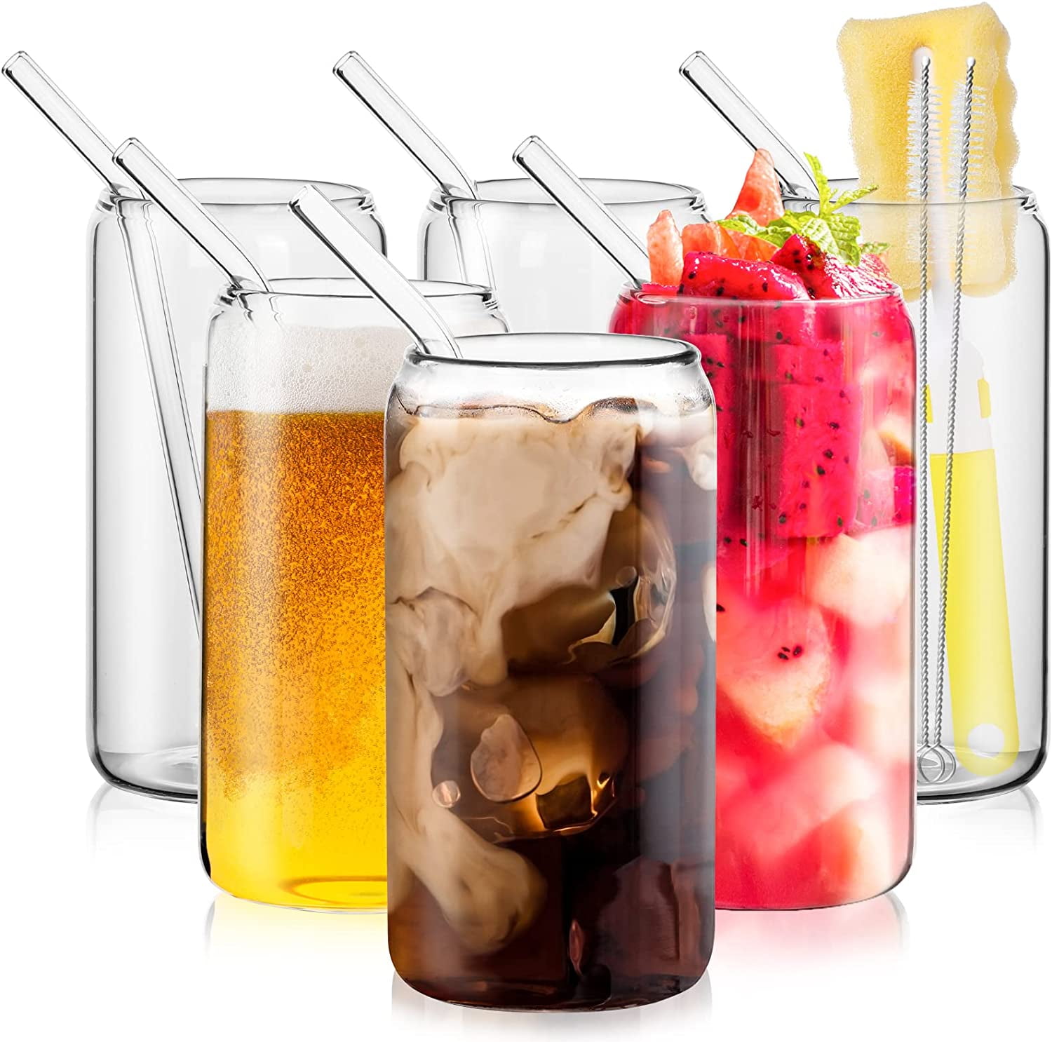 12 pcs Drinking Glasses with Straw, 16oz Can Shaped Glass Cups, Beer Glasses,  Iced Coffee Glasses, Cute Tumbler Cup, Coffee Bar Accessories, Ideal for  Whiskey, Soda, Tea, Water..For USA 🇺🇸 ($ 20.99)