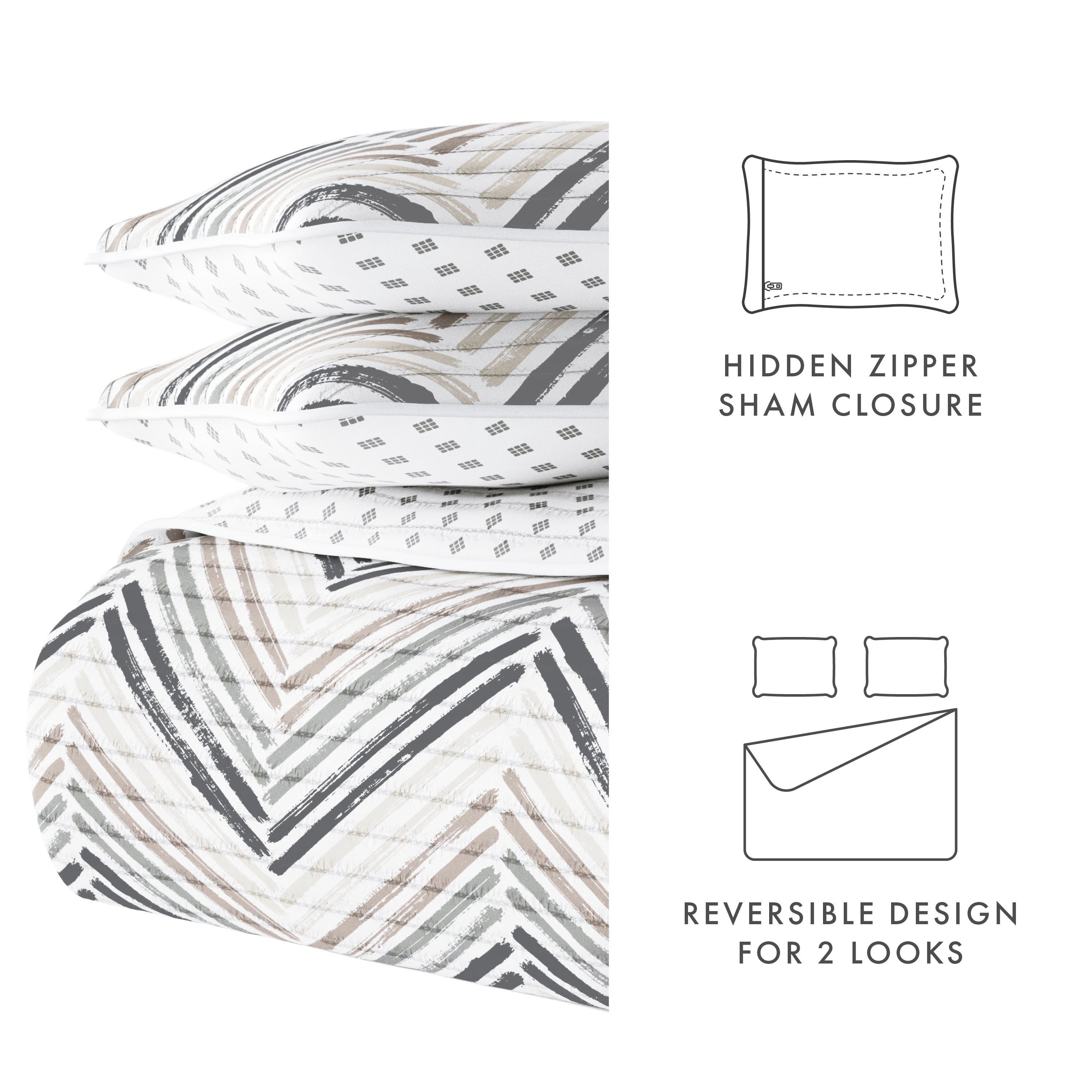 Noble Linens Light Gray 3 Piece Diamond Chevron Reversible Microfiber Quilt Set, Queen / Full