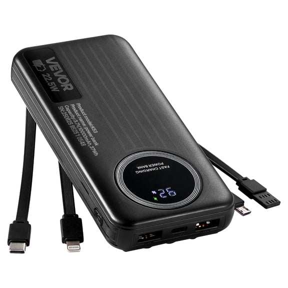 VEVOR Portable Charger, with Built-in Cables, 10000 mAh Travel Battery Pack, 6 Outputs 3 Inputs Fast Charging Power Bank with USB Type-C Micro-B Input,Smart LED Display, for iPhone, Samsung, Android