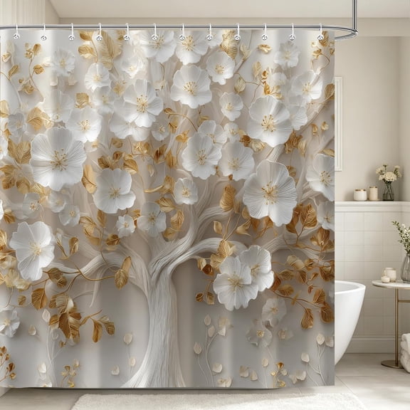 White Gold Floral Tree Shower Curtain, Modern Aesthetic Elegant Bathroom Decor Waterproof Polyester Fabric Bath Curtain with Hooks-36"W x 72"L (Pack of 1)