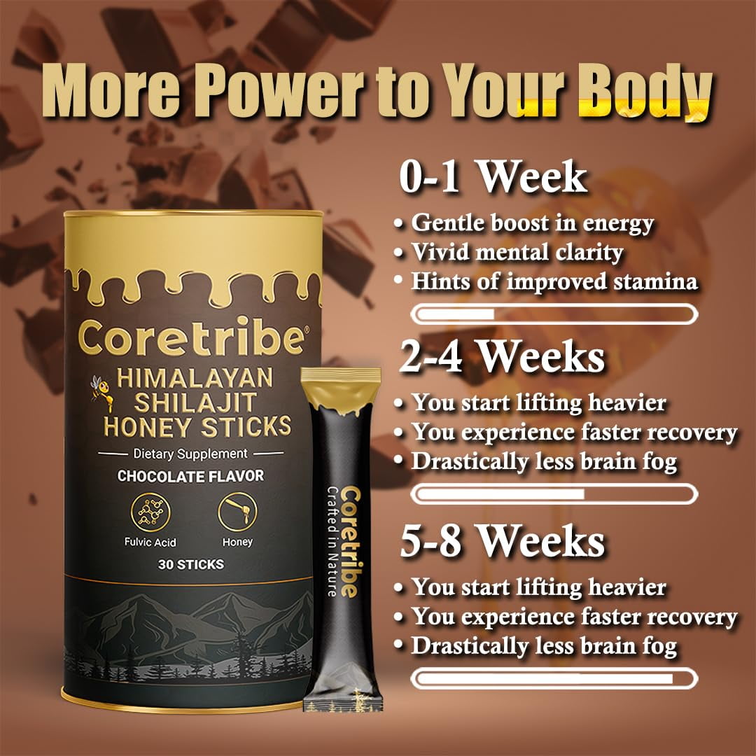 CoreTribe® Shilajit Resin, Chocolate Honey Sticks—Energy, Immunity, Fulvic Acid Men and Women 30 Sticks