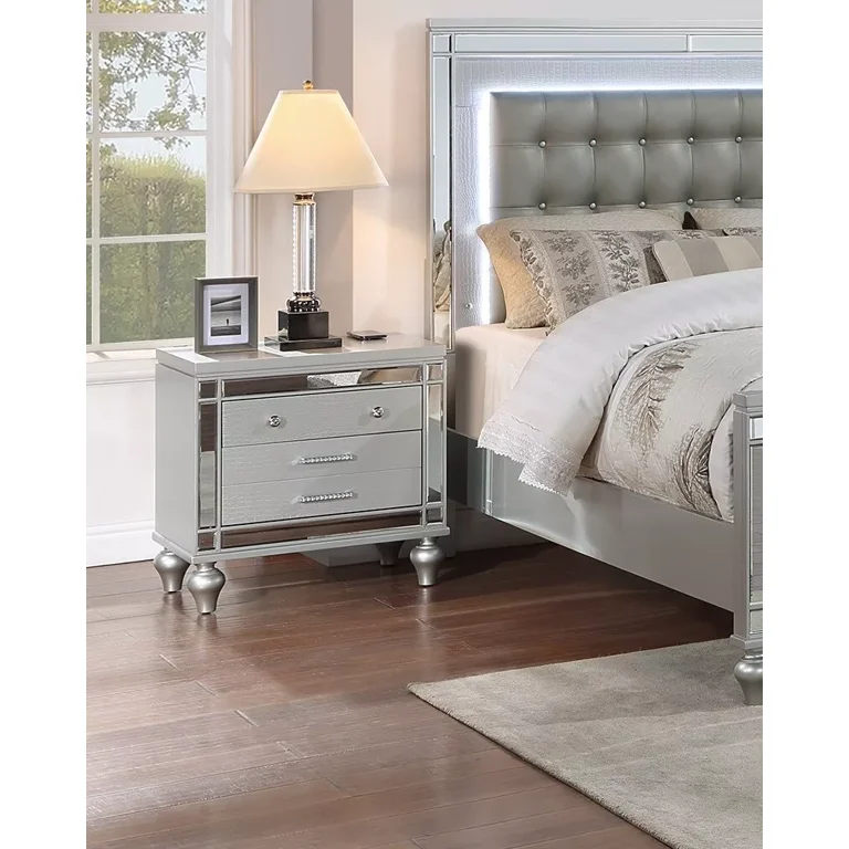Contemporary 4pc Queen Size Bed Set W LED Tufted Faux Leather Dresser Mirror Nightstand Silver Master Bedroom Furniture Contemporary 4pc Queen Size Bed Set W LED Tufted Faux Leather Dresser Mirror Nightstand Silver Master Bedroom Furniture