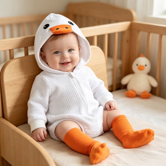 Goose 𝐂ostume Baby Animal Romper Hoodie Zip Up Romper Long Sleeve Jumpsuit Socks