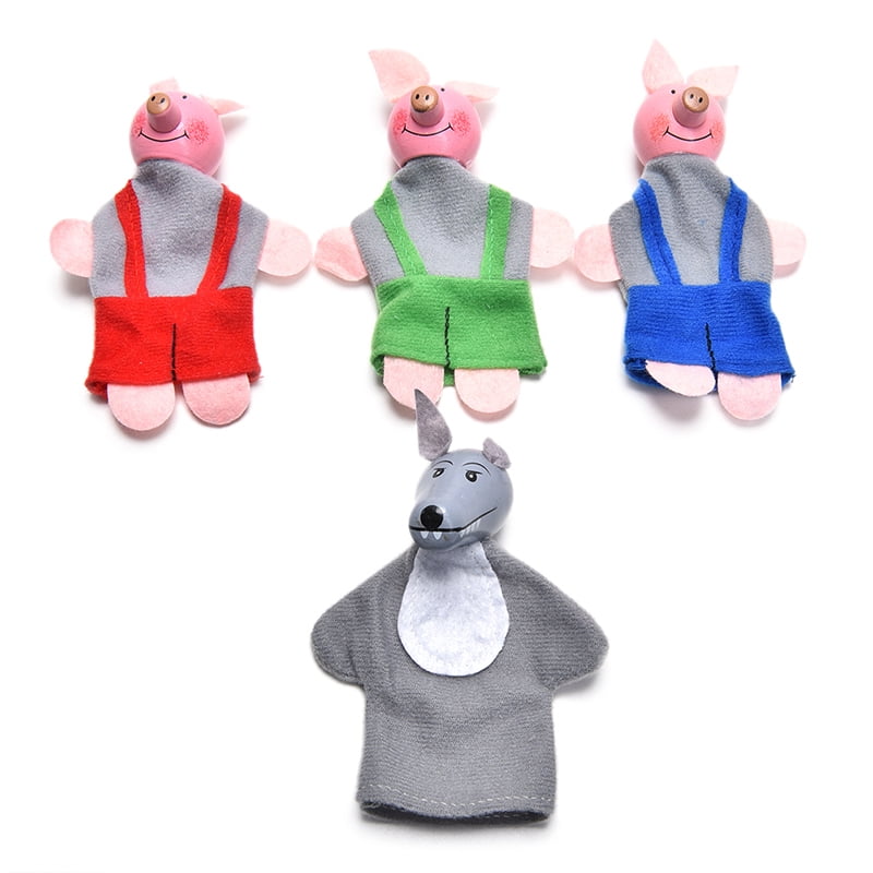 4 Pcs/set Three Little Pigs Finger Puppets Wooden Headed Baby Educational ToyTDO 