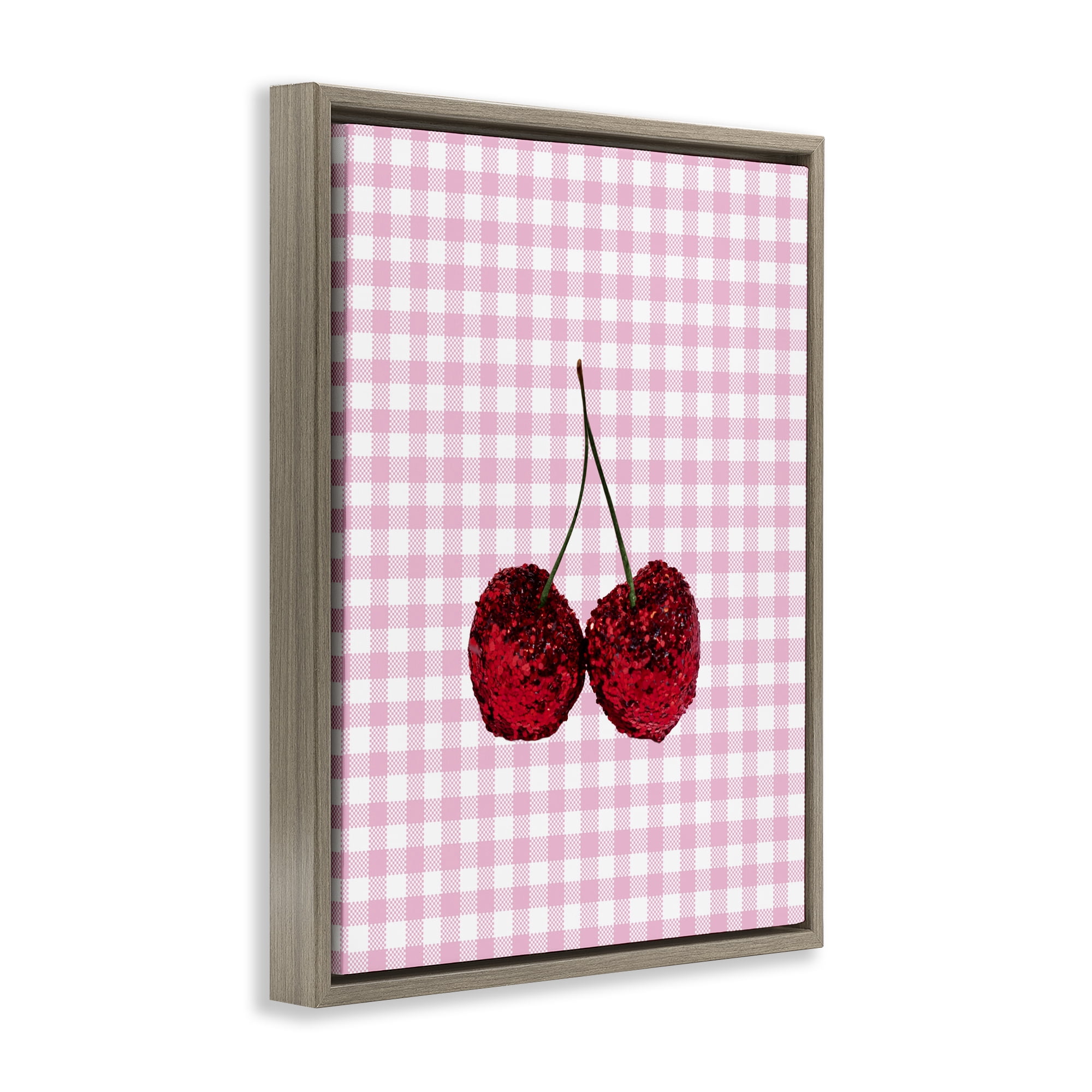 Stupell Industries Glitter Cherry on Pink Gingham Brown Framed Floater Canvas Wall Art, design by LISH Creative