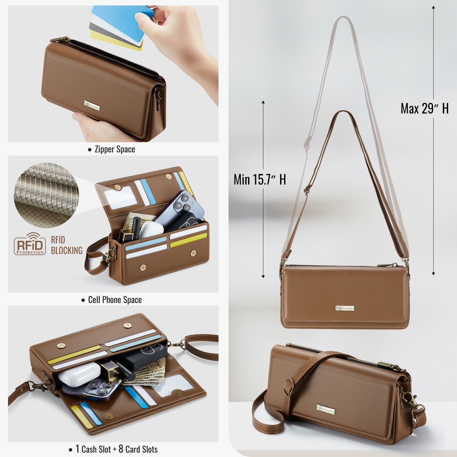 CaseMe Fashion Small Crossbody Bag for Women,Cell Phone Purse Women's Shoulder Handbags Wallet Purse with RFID Blocking Credit Card Slots Zip Small Crossbody Bag Wrist strap/Shoulder strap - Brown