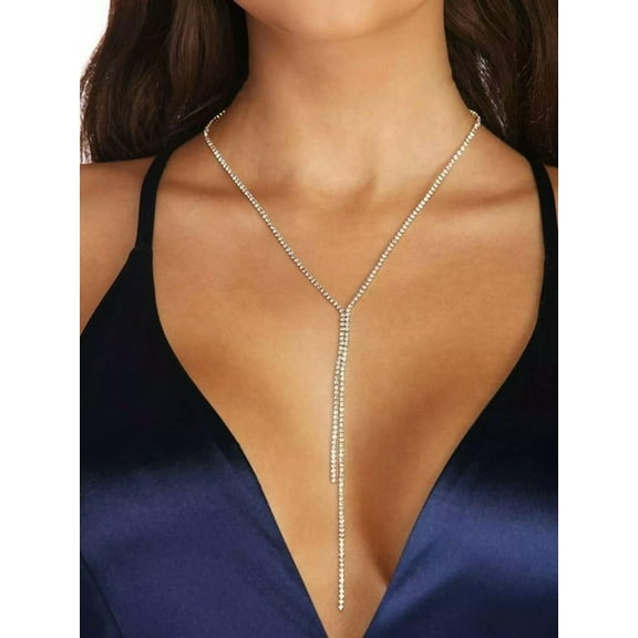 EOEMY Rhinestone Y Lariat Necklace Sparkly Necklace Party Necklace-Default