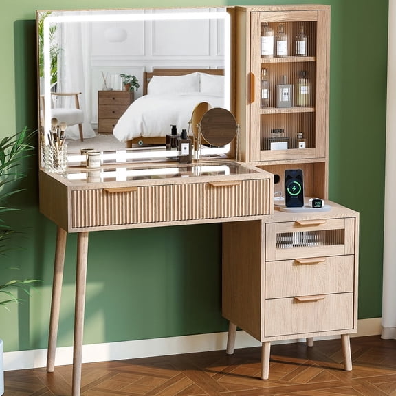 Fluted Makeup Vanity Desk with Mirror and Lights, 5 Drawers