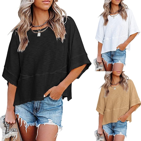 Trendfront Womens Summer Crew Neck Elbow Sleeve Tops Solid Color Plain Design Style Tees Casual Fashion Everyday Apparel T-Shirts