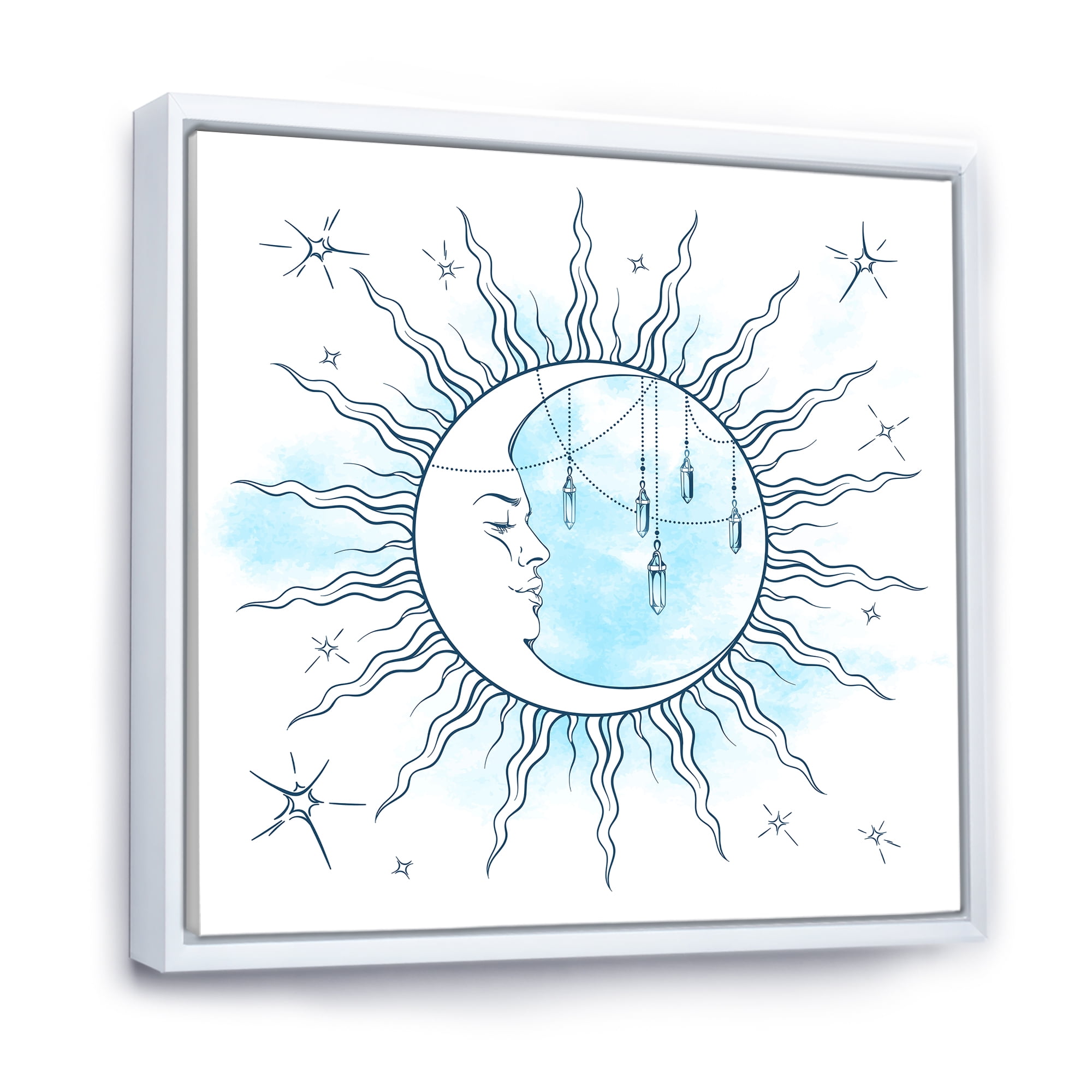 Designart 'Blue Crescent Moon With Stars and Moonstone Pendants' Bohemian & Eclectic Framed Canvas Wall Art Print