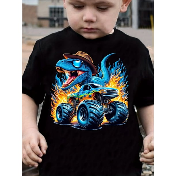 Boys' TX0630 Dinosaur & Monster Truck Graphic Tee - Cool, Casual Black Short Sleeve T-Shirt with Vibrant Flame Design, 100% Cotton, Machine Washable for Spring/Summer Fun