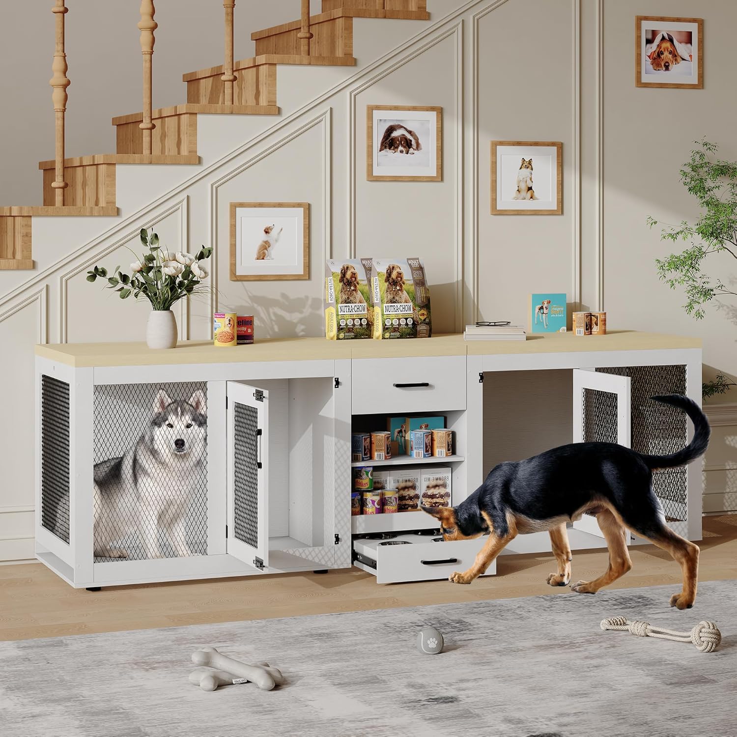 90" Double Dog Crate Furniture with Feeding Station, Heavy Duty Dog Kennel TV Stand with Storage for 2 Large Dogs