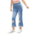 thumbnail image 3 of Little Girls Pearl Bow Embroidered Jeans Wide Leg Flare Denim Pants With Elastic Waist for Kids Size 5-6T, 3 of 7