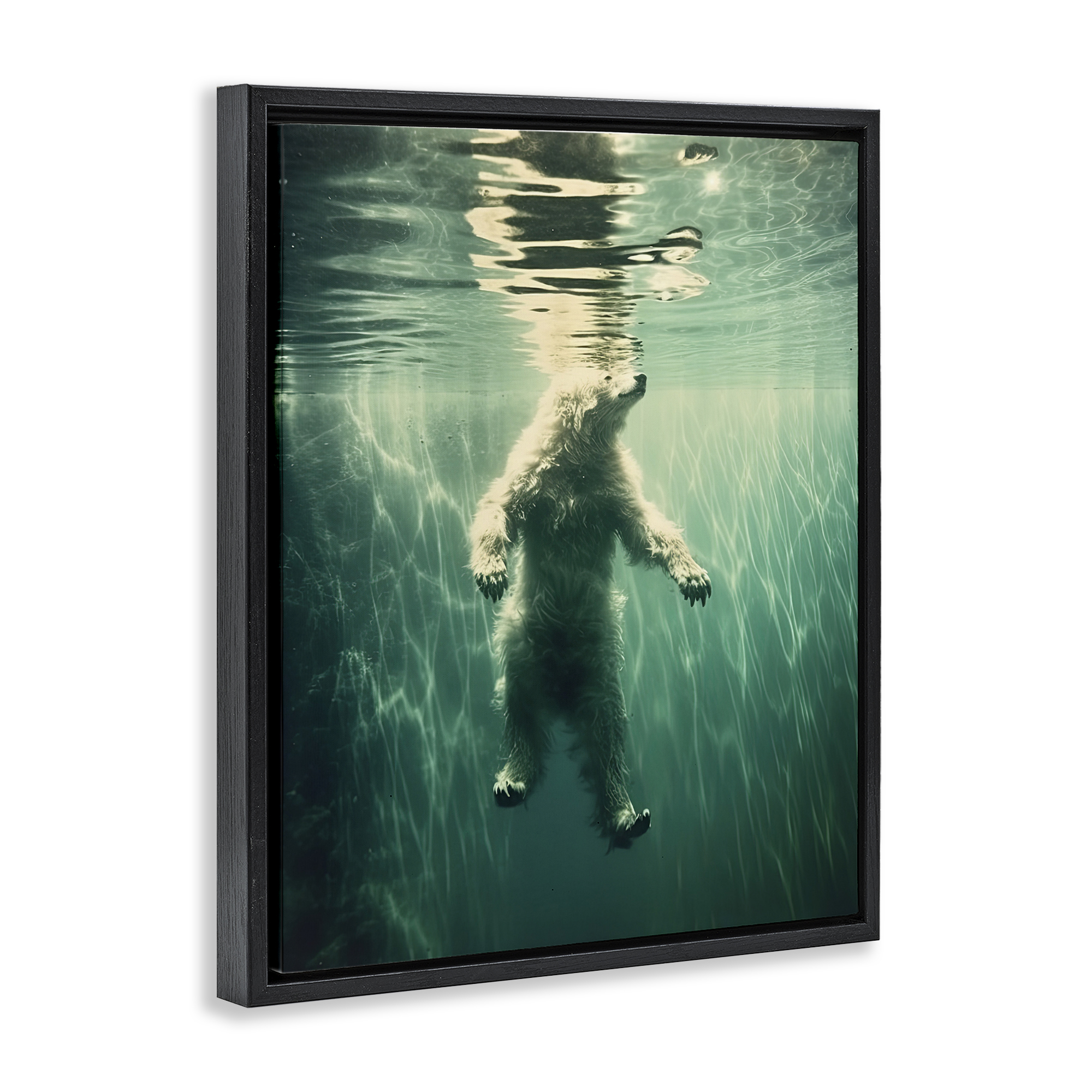 Floating Bear Underwater Black Framed Floater Canvas Wall Art, design by Decent Exposures