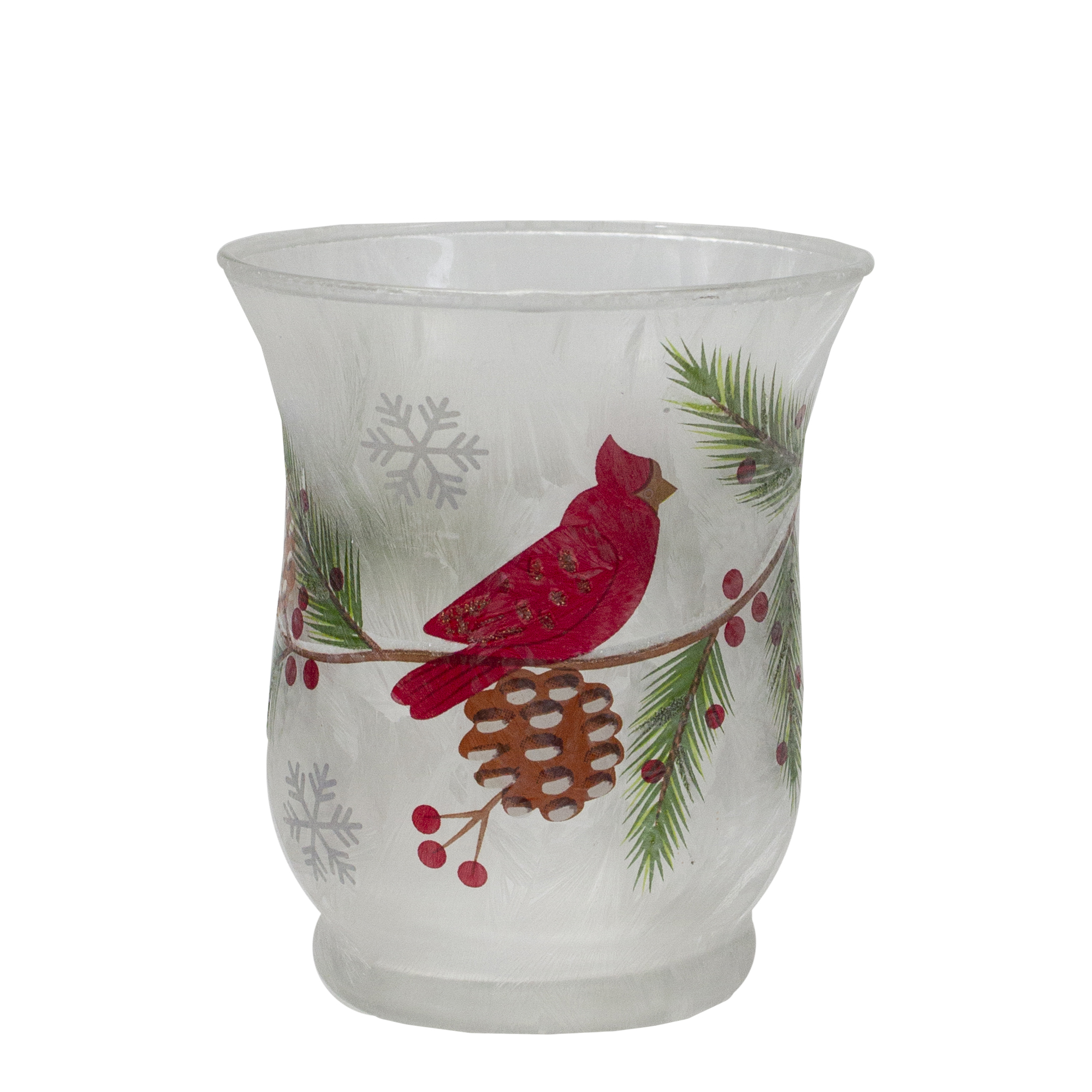 2.75' Hand Painted Christmas Cardinal and Pine Flameless Glass Candle Holder