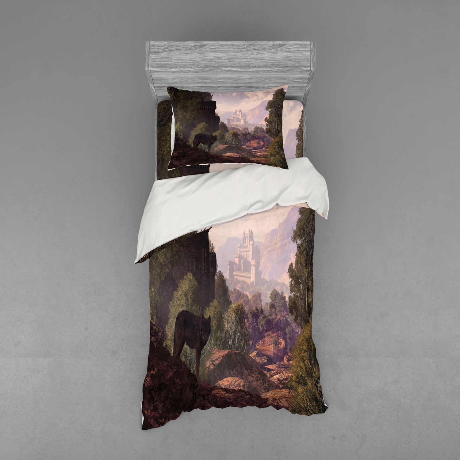 Ambesonne Woodland Duvet Cover Set Twin Size Decorative 2 Piece Bedding Set with 1 Pillow Sham Wolf Coming Out of The Woods Gothic Castle Lake Boat Off in Distance Green Brown 