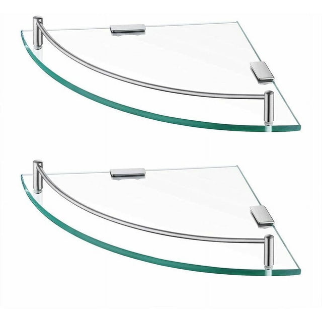 Estante de pared, estante esquinero de vidrio, estante de baño, estante de ducha, estante de vidrio templado con barra para toallas, 1 pieza, doble capa, acero inoxidable brillante
