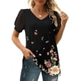 thumbnail image 4 of ICHUANYI Clearance Fashion Women Short Sleeve Floral Printed V-Neck Tops Lace Patchwork T-Shirt Blouse(Black, XXL) ICHUANYI WER2023081012397, 4 of 7