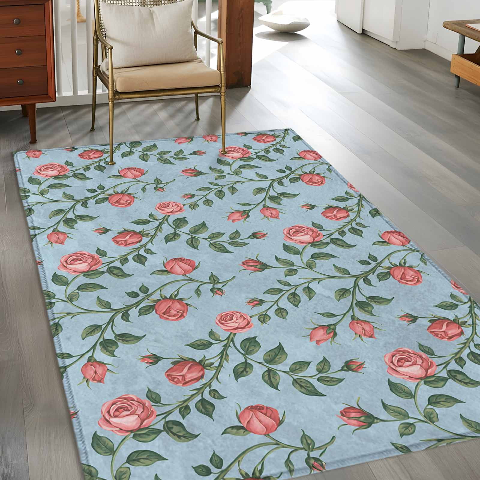 3'x5' Area Rugs, Spring Roses Botanical Indoor Outdoor Area Rug for Living Room Bedroom, Farmhouse Floral Blue Washable Bathroom Rugs Kitchen Floor Carpet Mats Home Decor Aesthetic