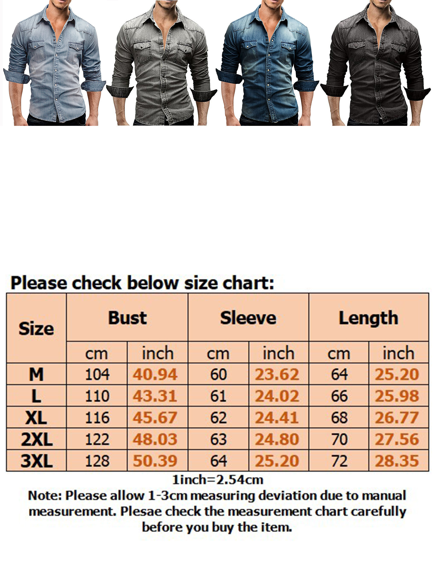 Men's Essential Button Down Dress Shirt Long Sleeve Washed Denim Shirt Lapel Casual Winter Tops - image 2 of 4