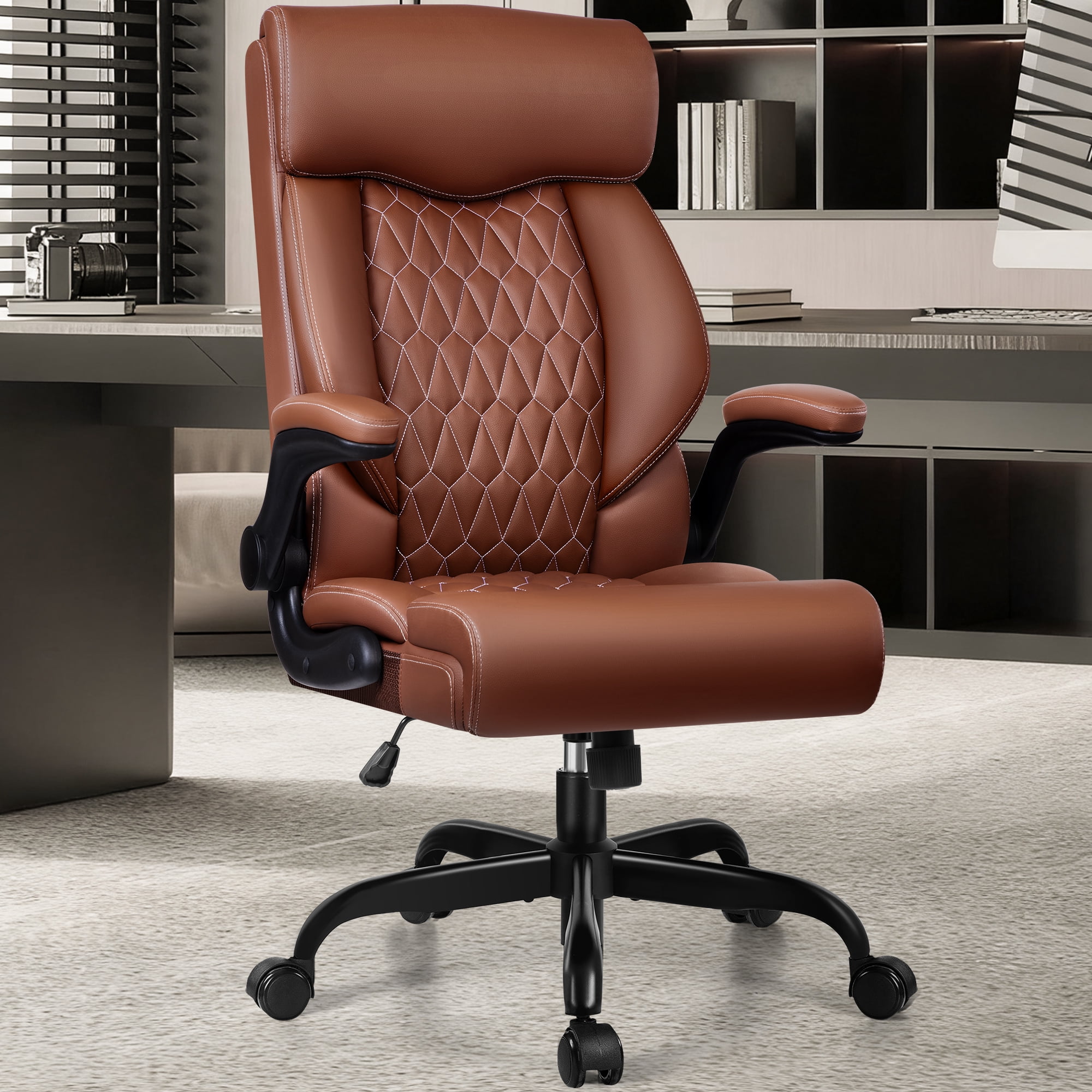 FASTES Office Chair, Ergonomic Computer Desk Chair with Rocking Function, Leather Chair with Adjustable Flip-up Armrests and Lumbar Support, Brown