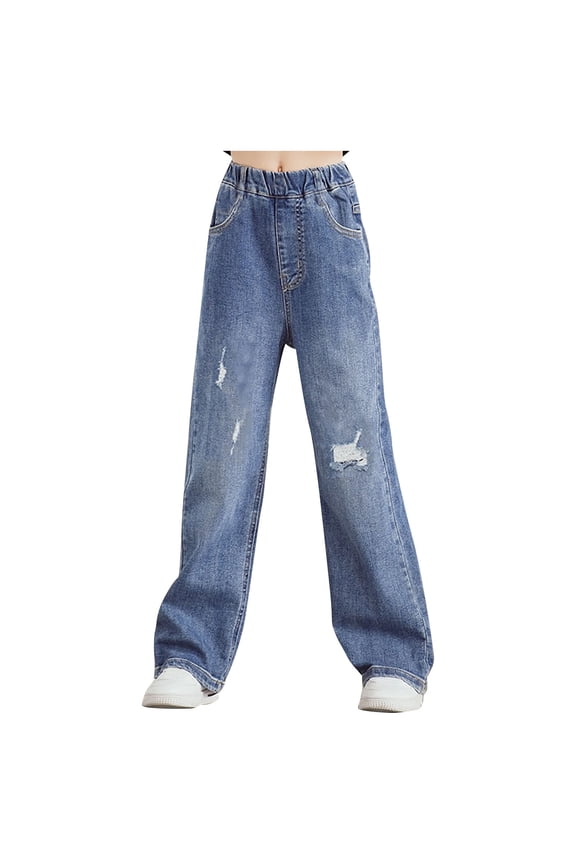 Girls' Jeans High Waisted Straight Leg Jeans Casual Pocket Denim Pants Blue, Size 3T-12