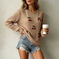 thumbnail image 4 of Womens Trendy Knit Sweaters Cherry Long Sleeve Crewneck Pullover Tops Fall Winter Casual Loose Comfy Outfits Khaki S, 4 of 6