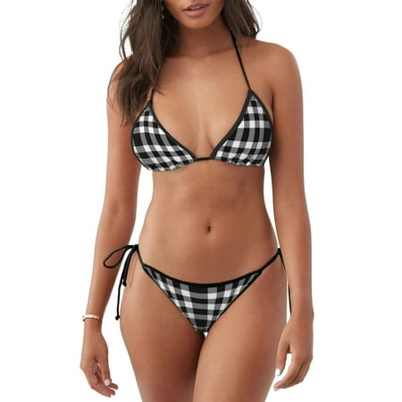 Jgfou White And Black Plaid Pattern Women s Adjustable Bikini Set High-Cut Two-Piece Swimsuit for Beach Pool Party Tropical Vacation