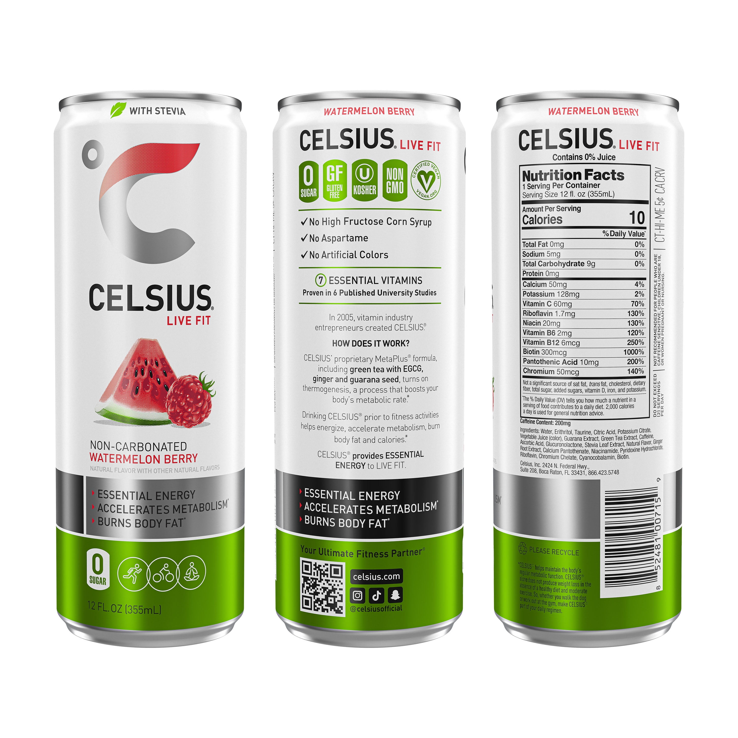 CELSIUS - Fitness Drink - Watermelon Berry - 24 Pack, 12 fl oz - Sweetened with Stevia