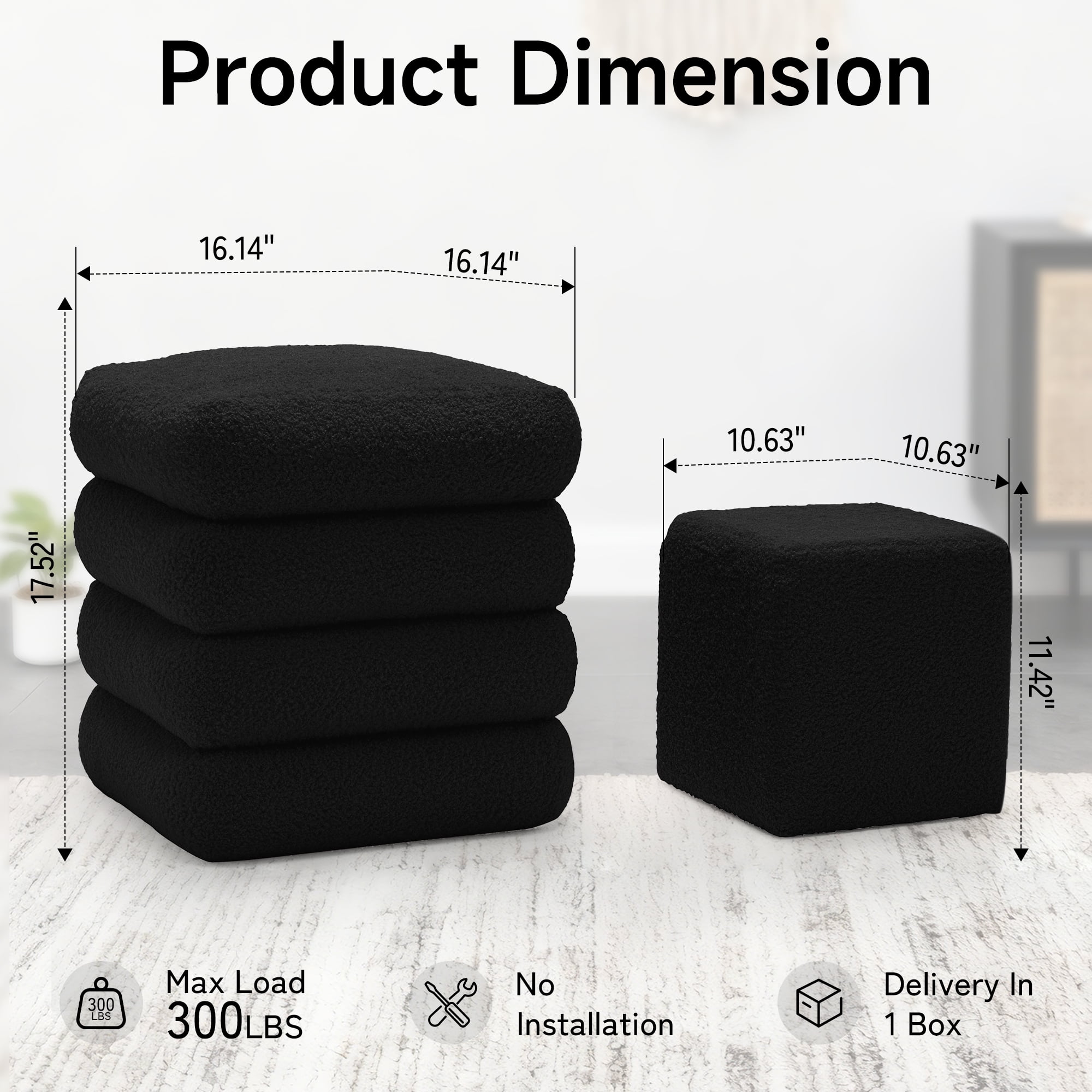 Korser Square Ottoman with Storage Set of 2,Upholstered Teddy Vanity Stool for Living Room,Bedroom,Black