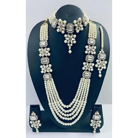 Royal White Pearl Kundan Bridal Jewelry Set – Layered Necklace, Choker, Earrings & Maang Tikka | Handmade Indian Set