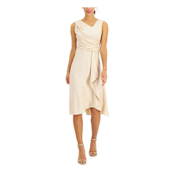 TAYLOR Womens Beige Zippered Pleated Draped Tulip Front Sleeveless Asymmetrical Neckline Midi Party Sheath Dress Petites 14P