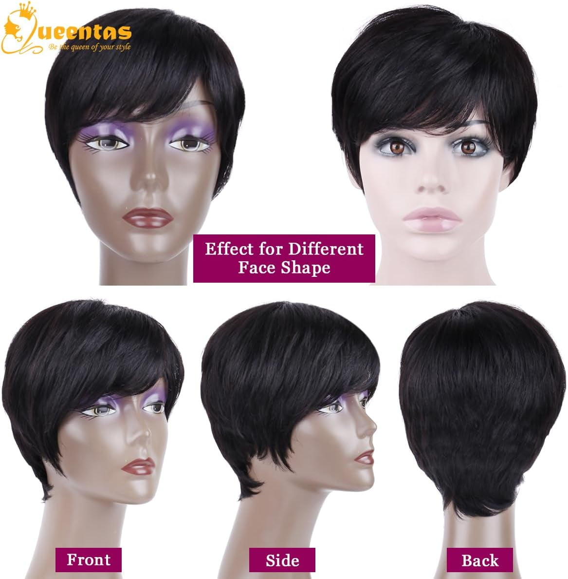 QUEENTAS 9" Human Hair Wig Short Wigs for Women Glueless Wigs Human Hair Black Wigs Pixie Cut Wigs with Bangs