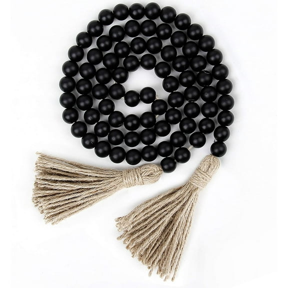 58in Wood Bead Garland with Tassels,Farmhouse Beads Rustic Country Decor Prayer Boho Beads Wall Hanging Decoration (Black)