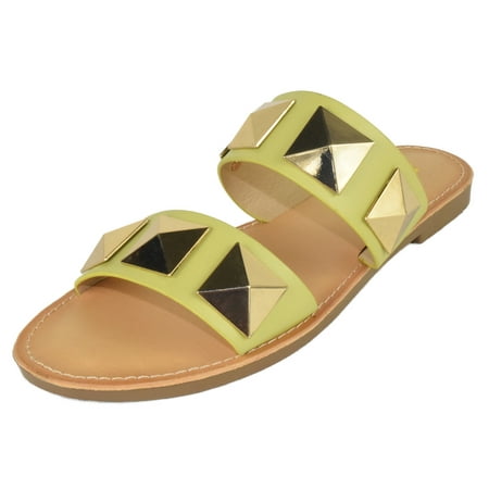 Soda Shoes Women s Sandals Double Strap Flip Flops Slides Large Gold Studded CETUS-S Lime Yellow 5.5
