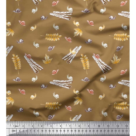 Soimoi Silk Fabric Leaves,Cinnamon & Snail Insects Print Fabric by Yard 42 Inch Wide