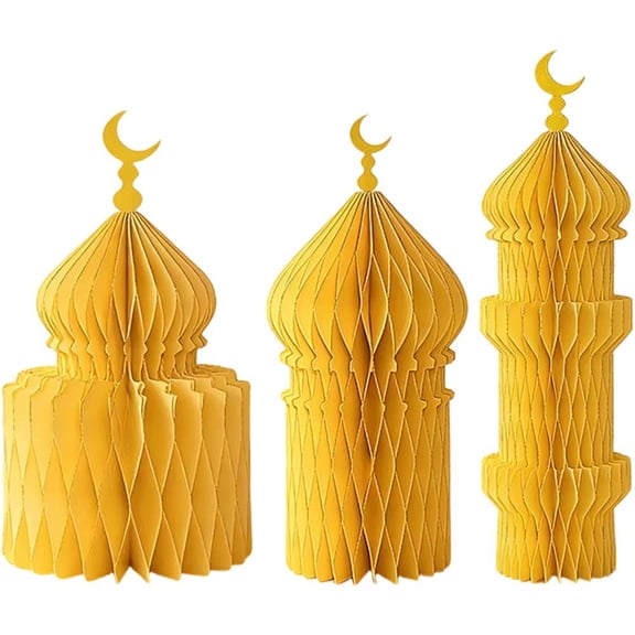 Jiibva 3Pcs Ramadan Party Decoration 3D Honeycomb Ornaments Eid Mubarak Centerpieces Islamic Table Decoration for Home Office Party Supplies