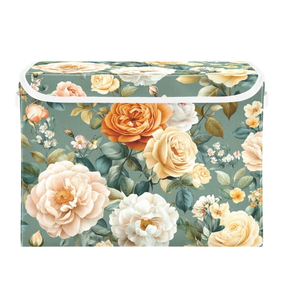 Elegant Floral Pattern Large Storage Bins with Linen Collapsible Lid Storage Box 16.7 x 12.6 x 11.8in