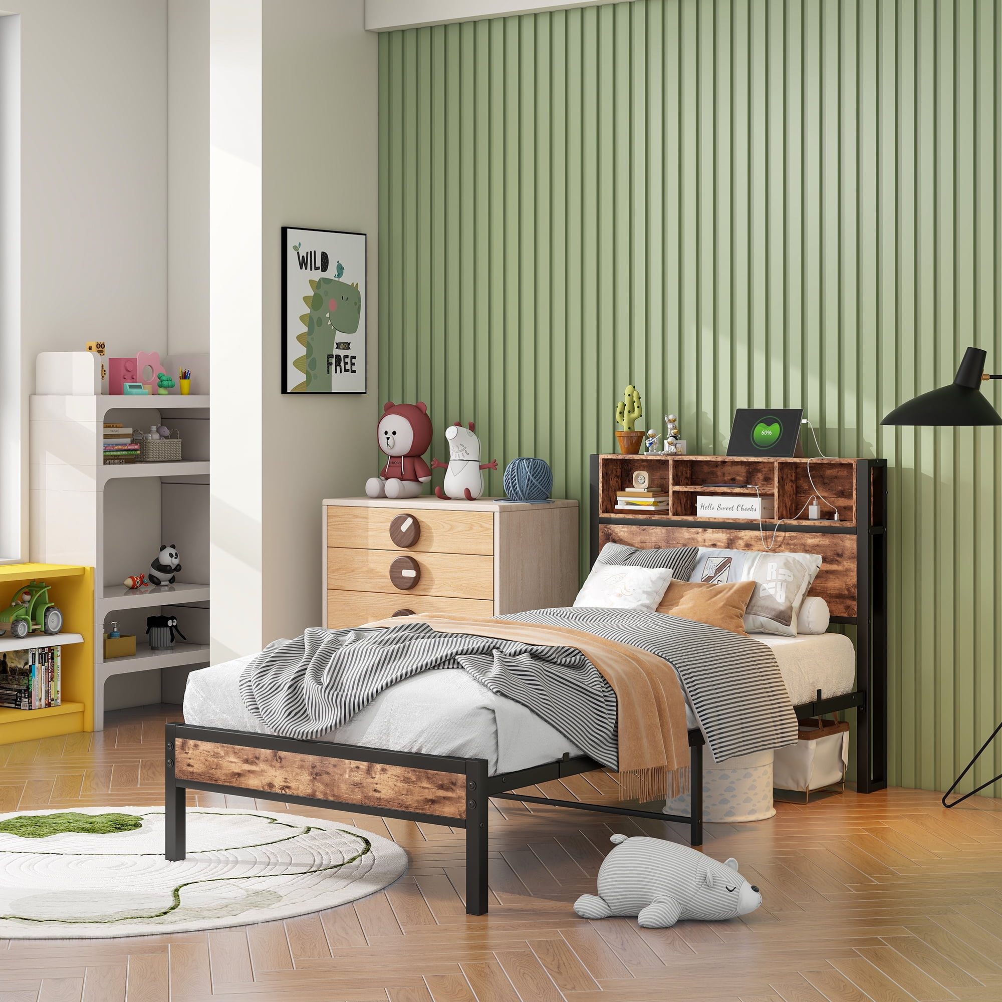 Twin Size Metal Platform Bed Frame with Storage Headboard - Charging Station, Bookcase, No Box Spring Needed