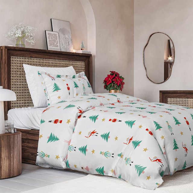 Juego de funda nórdica navideña tamaño individual - Funda nórdica extra suave tamaño individual con 1 funda de almohada - Ropa de cama navideña con cierres de cremallera y lazos - Juego de cama cómodo