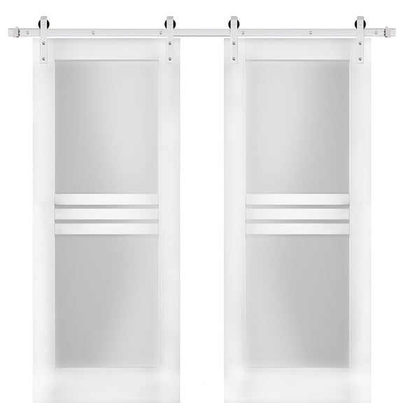 Modern Double Barn Door 84 x 96 inches with Opaque Glass 4 Lites / Mela 7222 White Silk / Stainless Steel 14FT Rail Track Set / Solid Panel Interior Doors