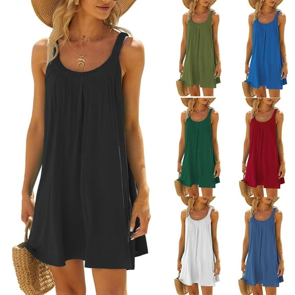 pstuiky Sundresses for Women , Slip Dress Solid Color Sleeveless Crew Neck Sundresses Knee Length Dresses Vacation Dresses for Women Graduation Army Green L