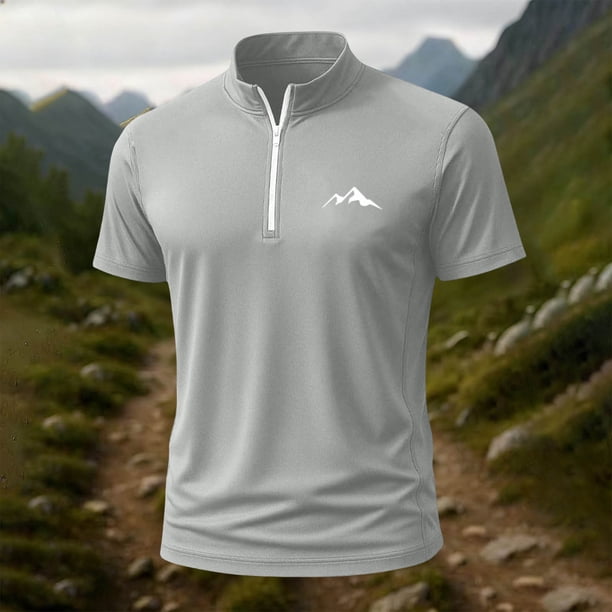 Blusa y camisa de manga corta con cuello alto para hombre, de verano, de color liso, ajustada, deportiva, con cremallera, de manga corta, con cuello alto.