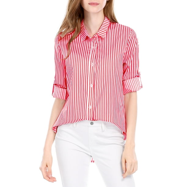 Camisas de mujer de manga larga con cuello de solapa y botones, con mangas enrollables, color rojo M
