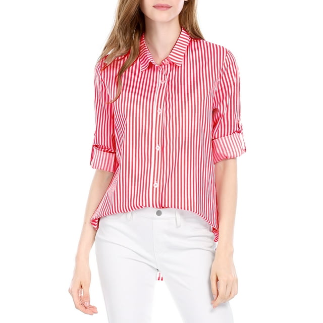 INSPIRE CHIC Chemises à Col à Revers pour Femmes, Boutonnées, Manches Longues Retroussables, L Rouge
