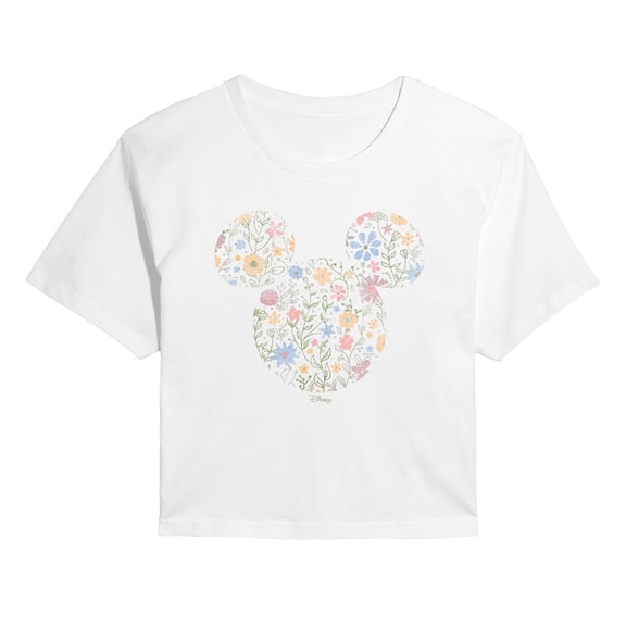 Disney - Mm Floral Ears - Juniors Cropped Graphic T-Shirt