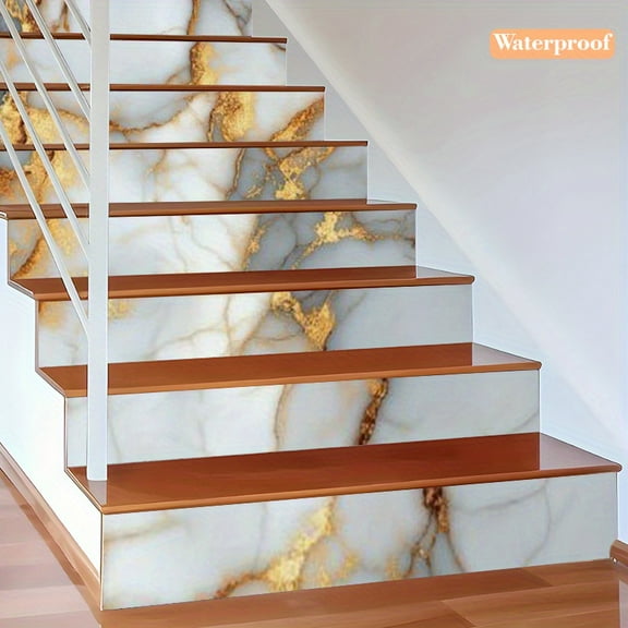 13pcs Peel and Stick Vinyl Floor Tiles - Self-Adhesive Non-Slip with White & Golden Marble Veining for Kitchen Bathroom