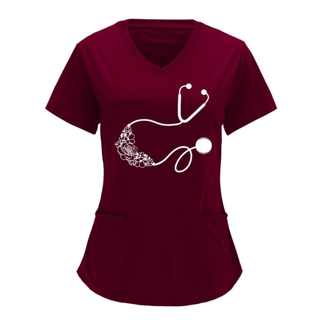 Womens Scrub Top V-neck Solid Color Overalls Partial Positioning Printing Short Sleeve Working Uniform Tops