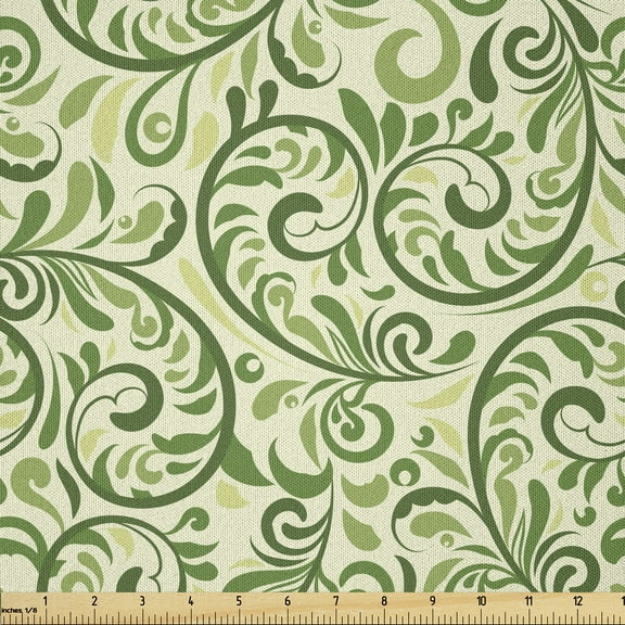 Ambesonne Green Fabric by the Yard Microfiber, Curly Ornate Leaf Damask, 3 Yards, Pale Green Fern Green